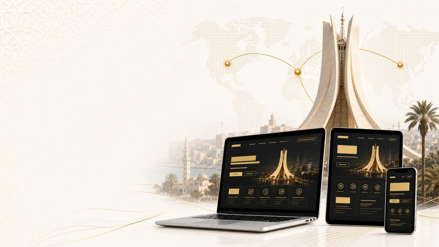 Agence web à Alger — maquettes de sites web premium sur ordinateur, tablette et mobile devant le Monument aux Martyrs d'Alger